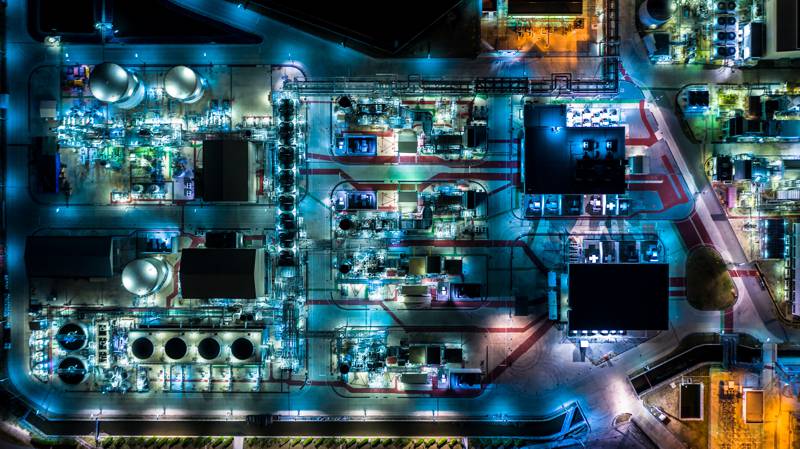 aerial view of industiral plant at night