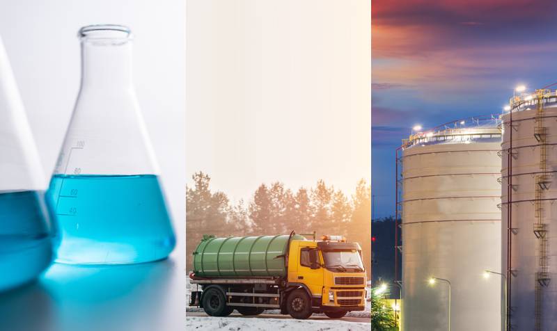 beakers, vacuum truck, and tanks